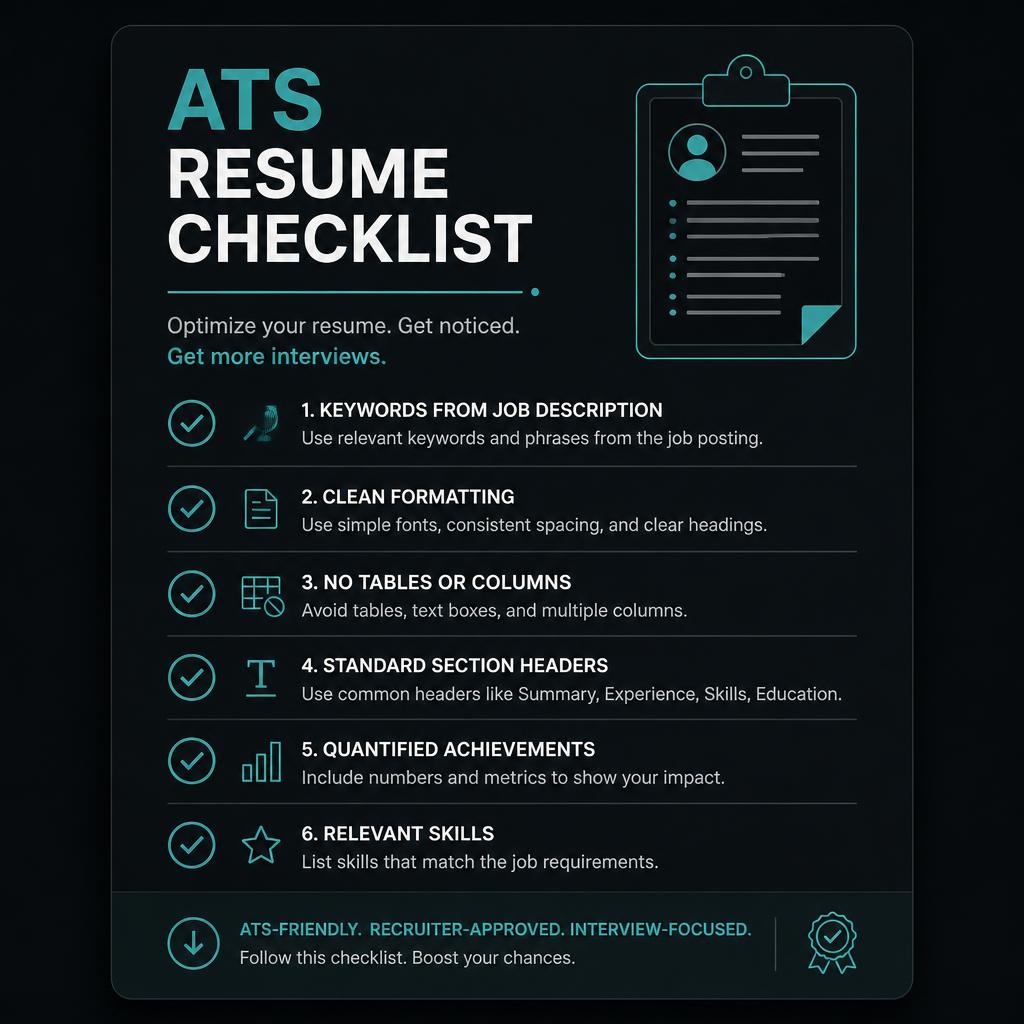 ATS Resume Checker keyword optimization infographic chart showing a 6-point resume checklist with icons for formatting, keywords, and skills