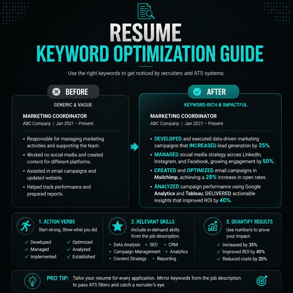 Resume Analyzer keyword optimization infographic showing before and after resume bullet comparison with power keywords highlighted